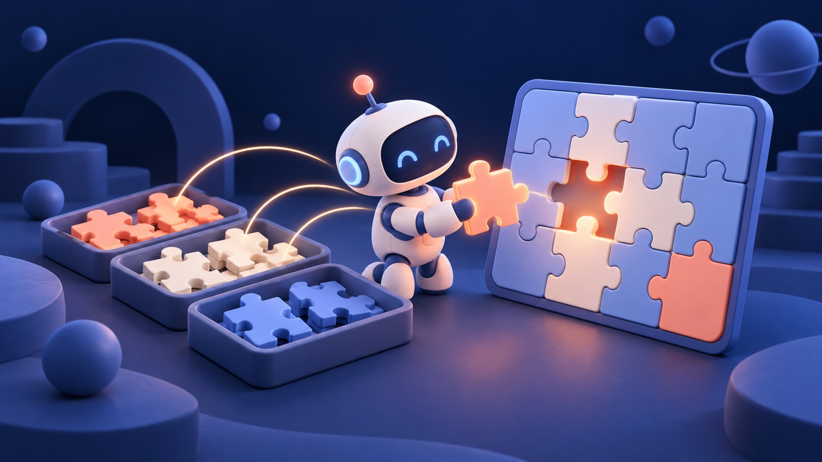 A friendly robot reuses saved puzzle pieces to finish a larger puzzle.
