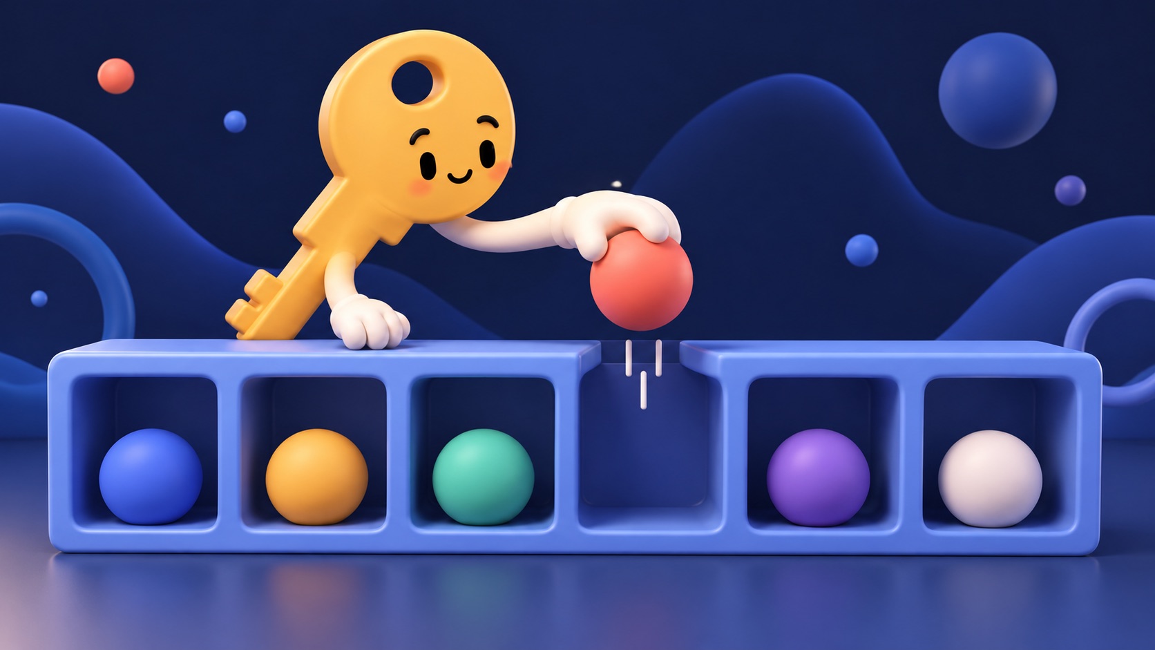 A friendly key places a colorful ball into one of several cubby holes.