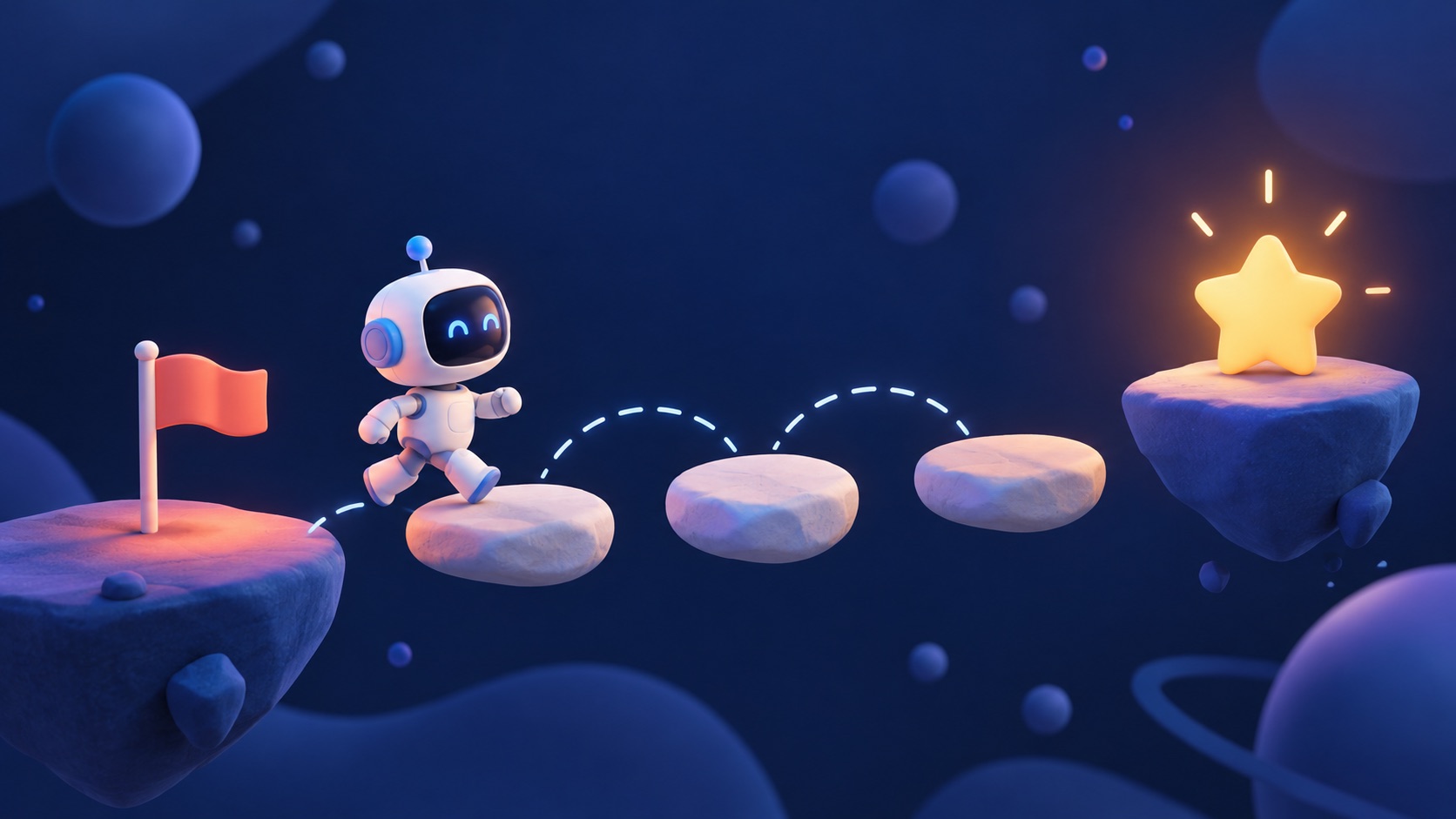 A small robot following stepping stones from a flag to a glowing star.