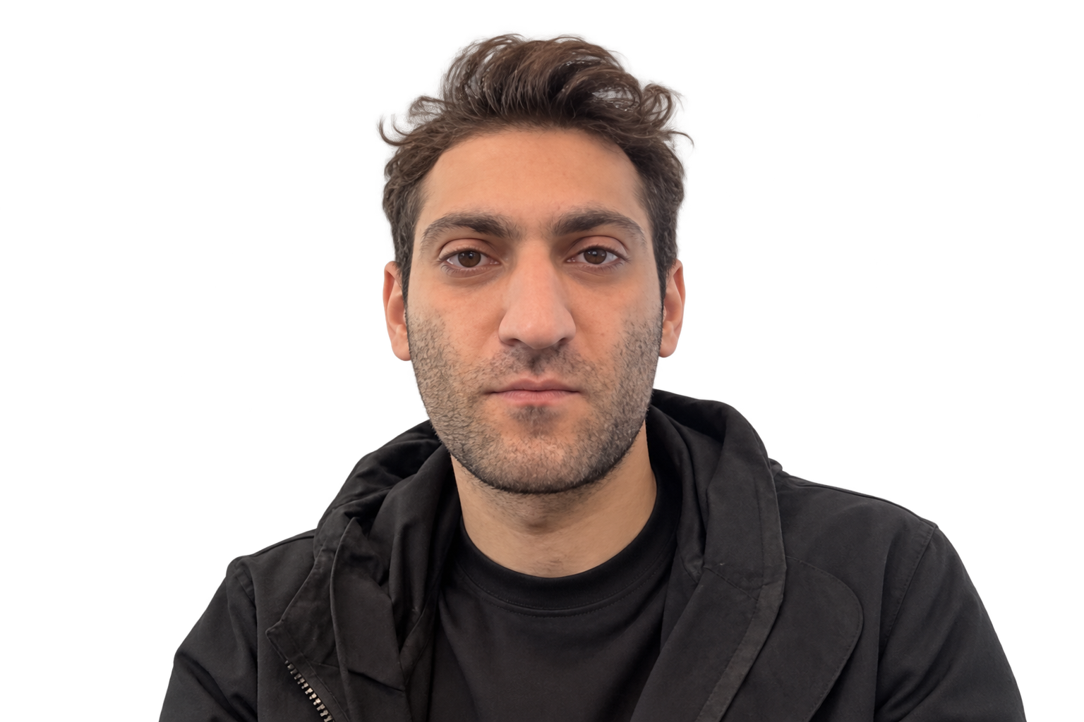 Meysam Kheyrollah in a black shirt and jacket
